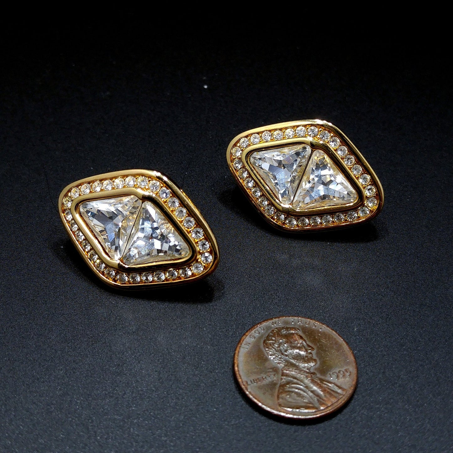 Vintage Swarovski Swan Logo Clear Crystal Clip Earrings Gold Plated 1990s