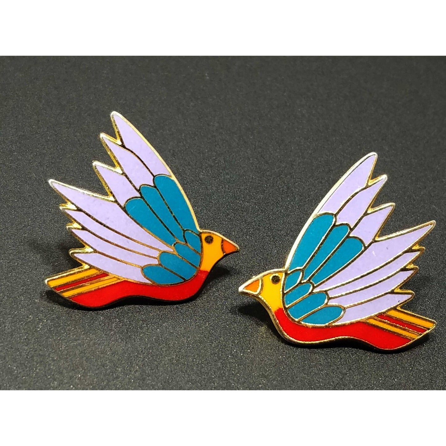 Laurel Burch "Celeste" Bird Earrings, Gold Plated Cloisonne Enamel, 1980s