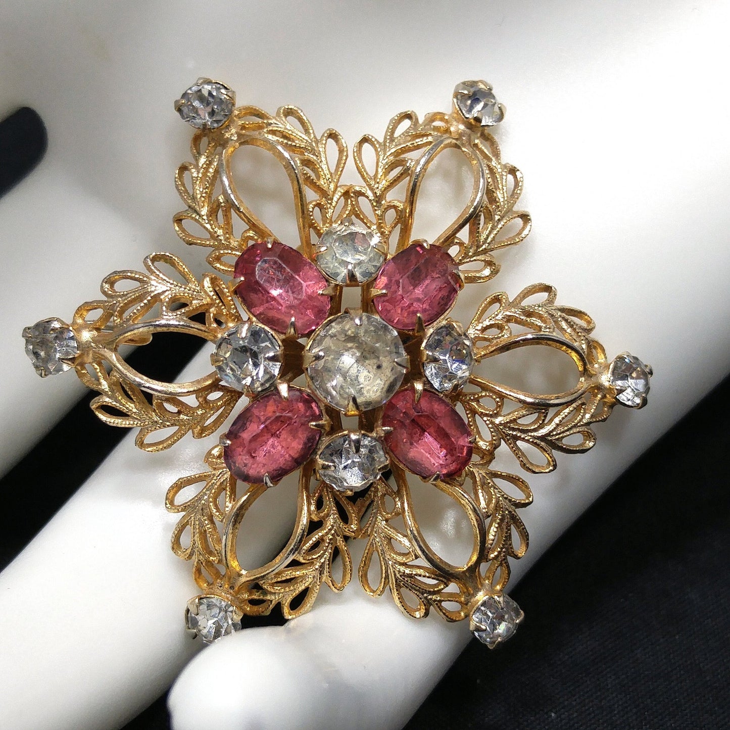 Scitarelli Mid-century Pink Clear Rhinestone Floral Brooch Pendant, 1950s Vintage Jewelry
