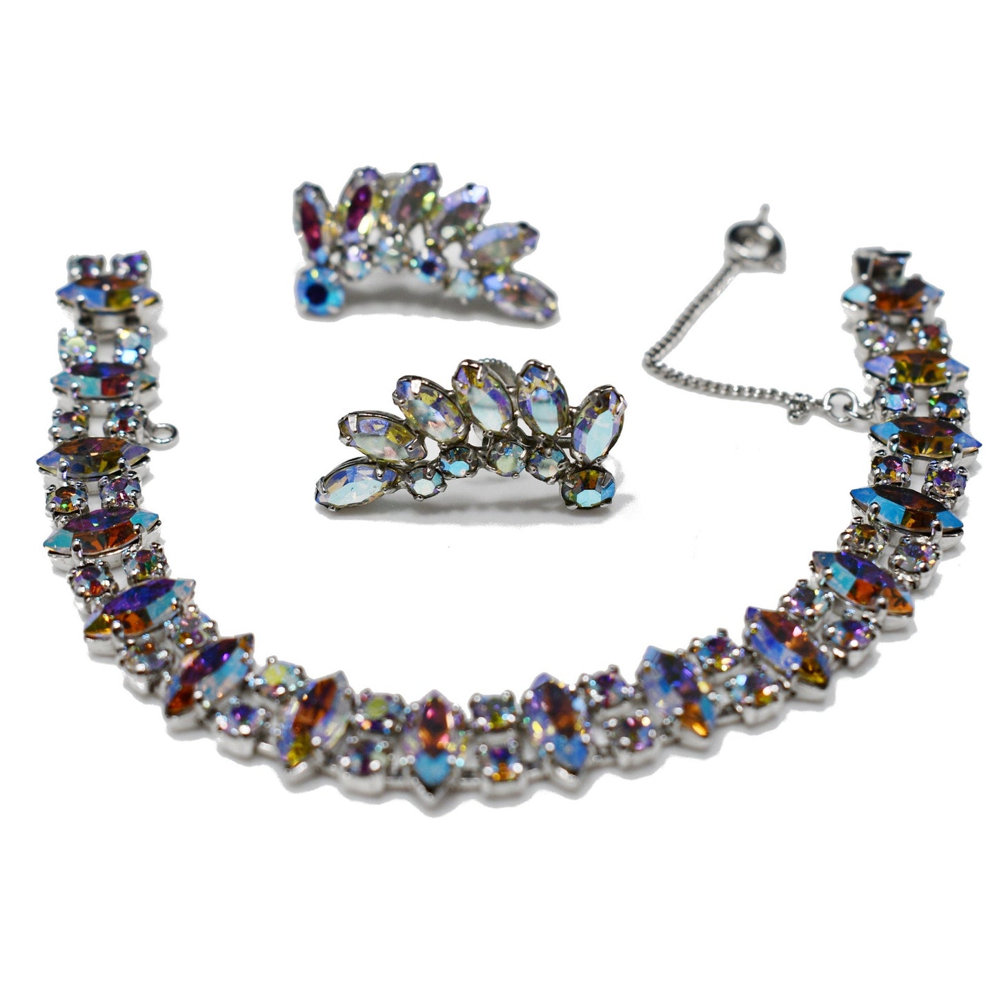 B. David Rhinestone Bracelet & Earrings Set, AB Crystals, Screw Back Earrings, 1950s