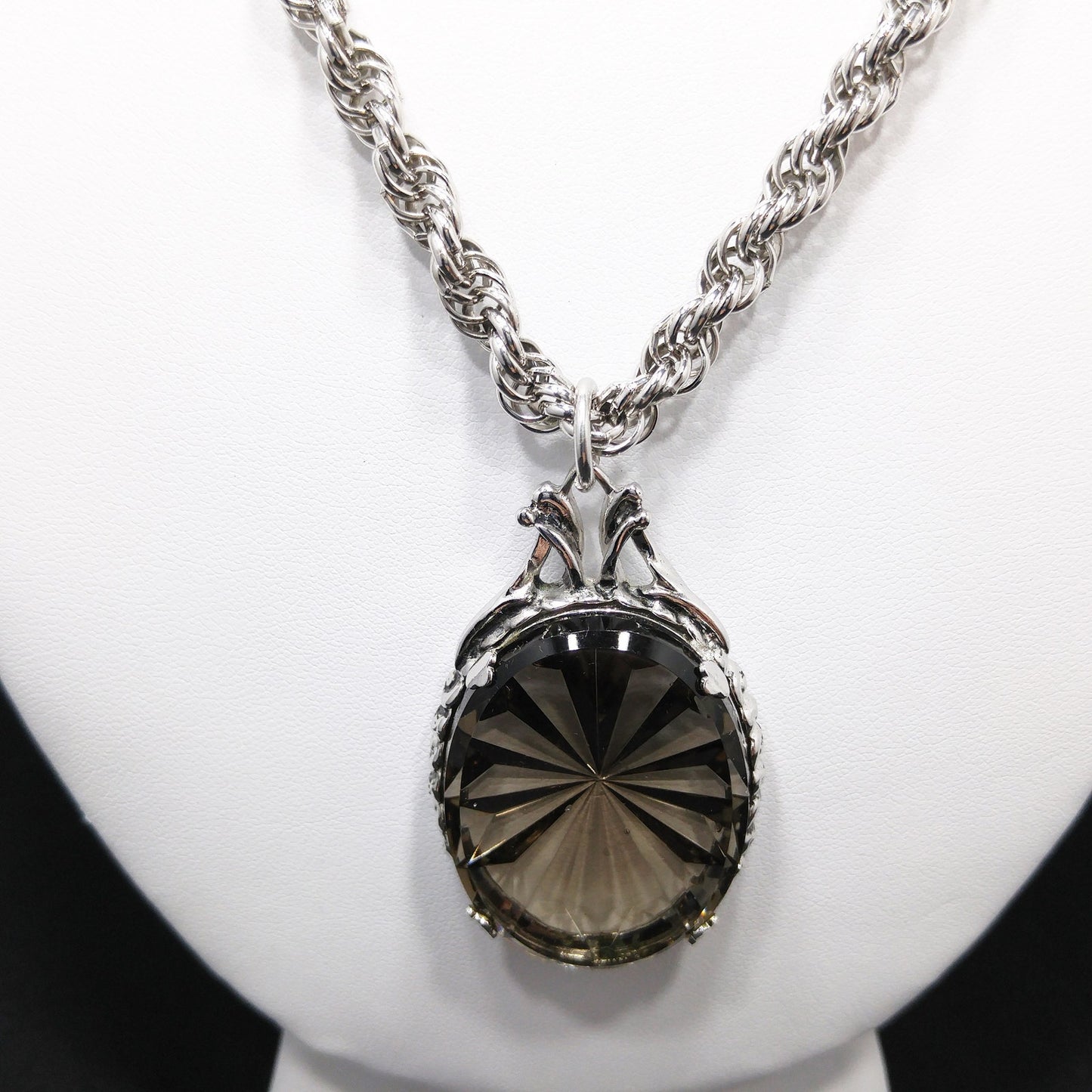 Whiting & Davis Smoky Tourmaline Faceted Pendant Necklace, Rope Chain, 1960s