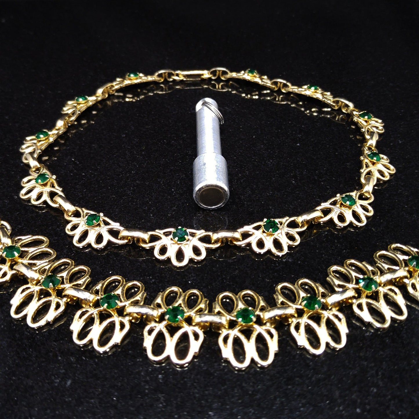 Green Rhinestone Necklace & Bracelet Set, Gold Tone, 1950s Vintage Jewelry
