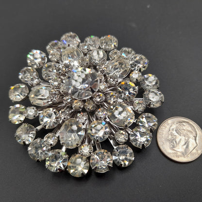 Clear Rhinestone Round Brooch Clip Earrings Set, Wedding Holiday Jewelry, 1950s Vintage Jewelry
