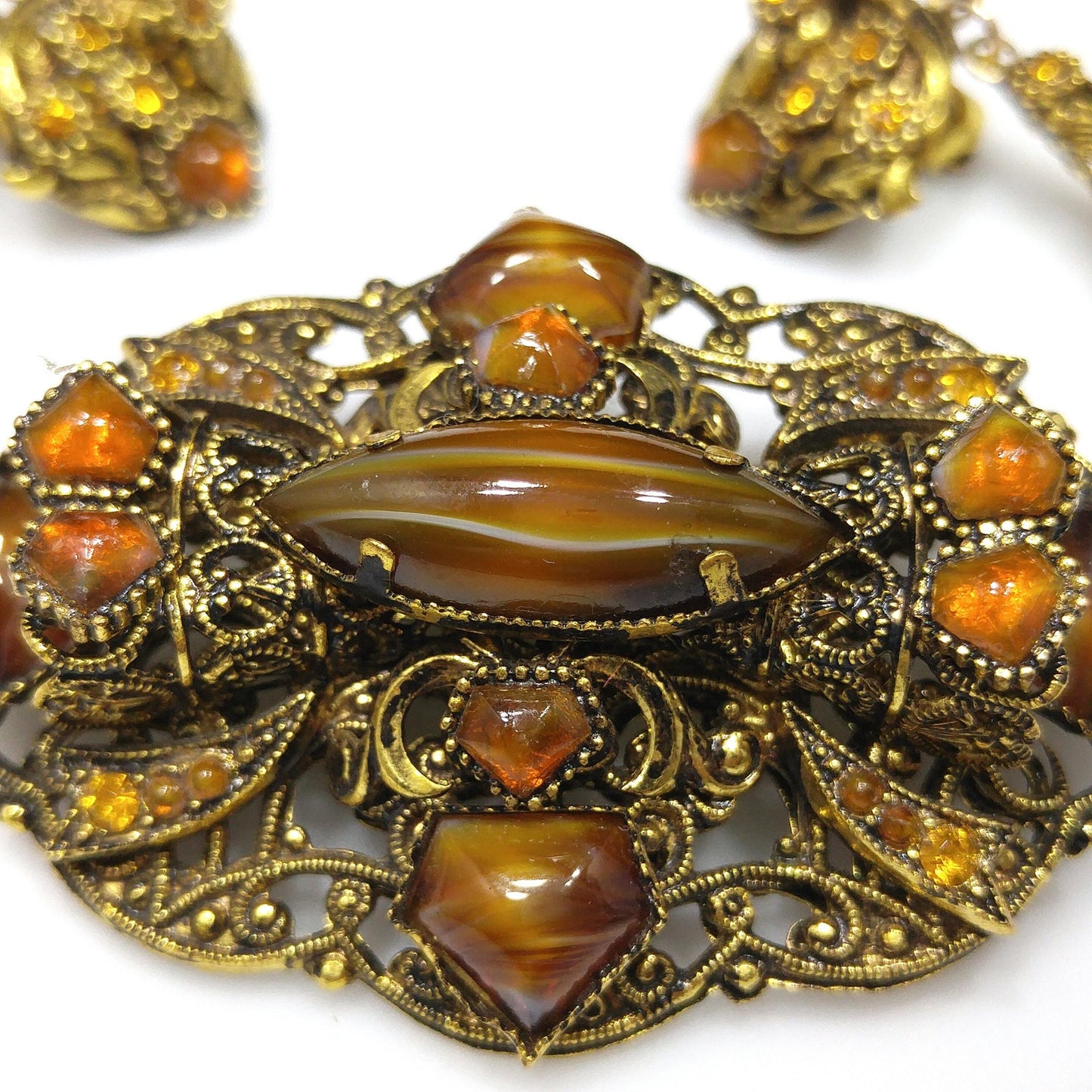 Filigree Topaz Art Glass Brooch & Clip Earrings, Dangle Earrings, 1950s Vintage Jewelry