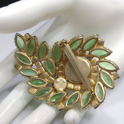 Peridot Green Floral Spray Brooch, Large Green Rhinestone, 1960s Vintage Jewelry
