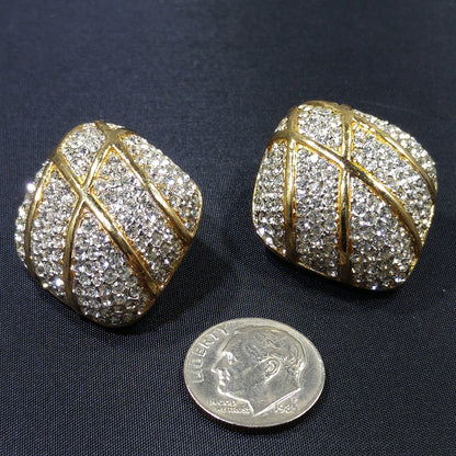 Vintage CINER Pave Rhinestone Clip Earrings, Gold Plated