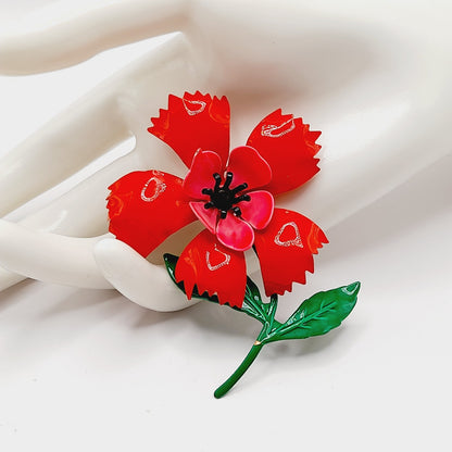 Vintage 1960s Red Green Enamel Flower Brooch
