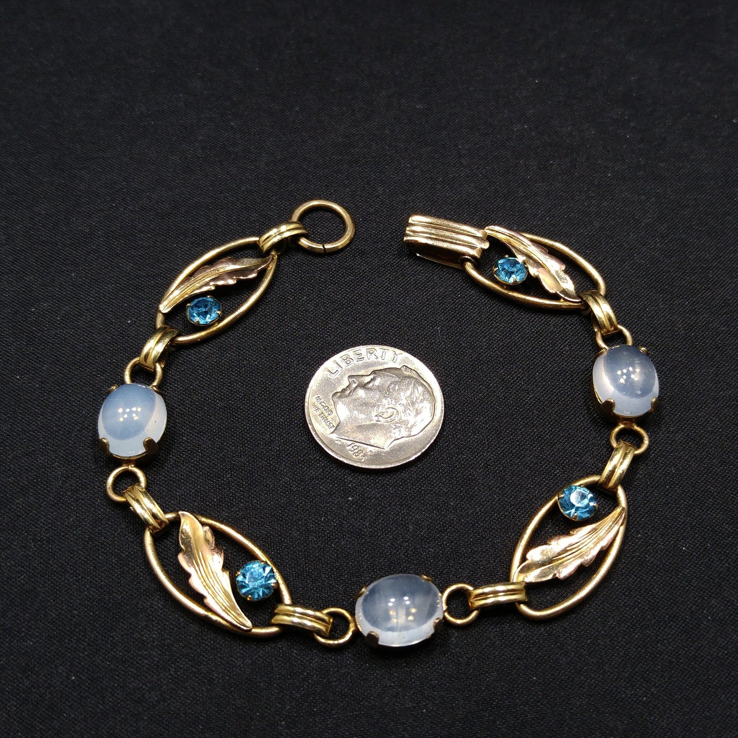 Van Dell 12K Gold Over Sterling Leaves Bracelet, Faux Moonstones, Blue Rhinestones, 1940s Vintage Jewelry