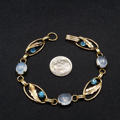 Van Dell 12K Gold Over Sterling Leaves Bracelet, Faux Moonstones, Blue Rhinestones, 1940s Vintage Jewelry