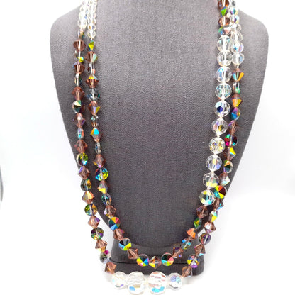 Vintage Crystal Bead Long Necklace, Asymmetrical Clear AB Topaz Crystals, 26"
