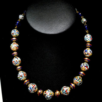 Murano Speckled Glass Beaded Necklace, Cobalt Blue Aventurine Glitter Glass, 1950s Vintage Jewelry