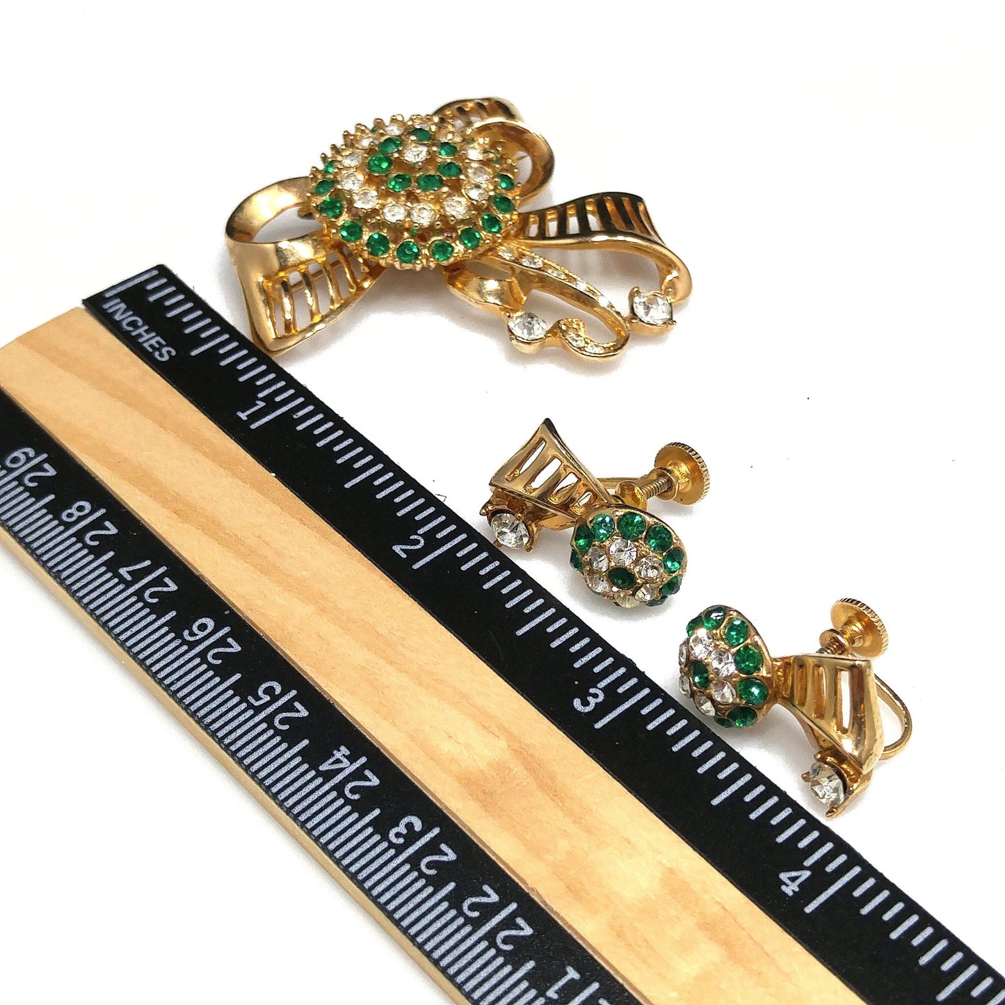 Green Rhinestone Brooch & Earrings, Gold Plated, 1940s Vintage Jewelry