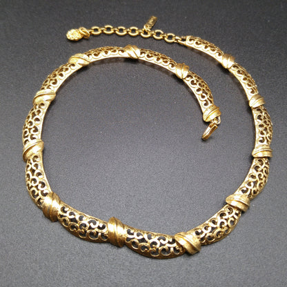 Monet Lacy Link Choker Necklace, Gold Plated, 1960s Vintage Jewelry