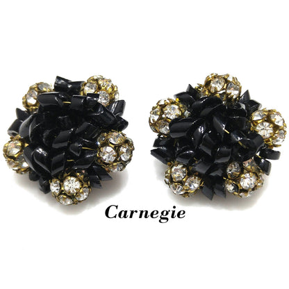 Carnegie Rhinestone Earrings, Black Glass Beads, 1950s Vintage Jewelry