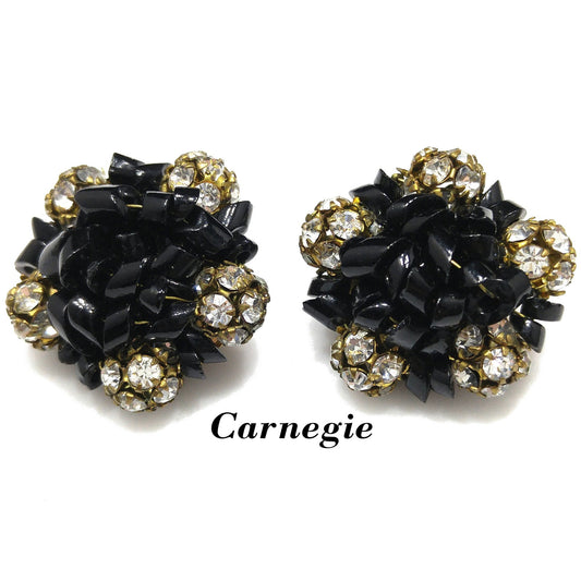 Carnegie Rhinestone Earrings, Black Glass Beads, 1950s Vintage Jewelry