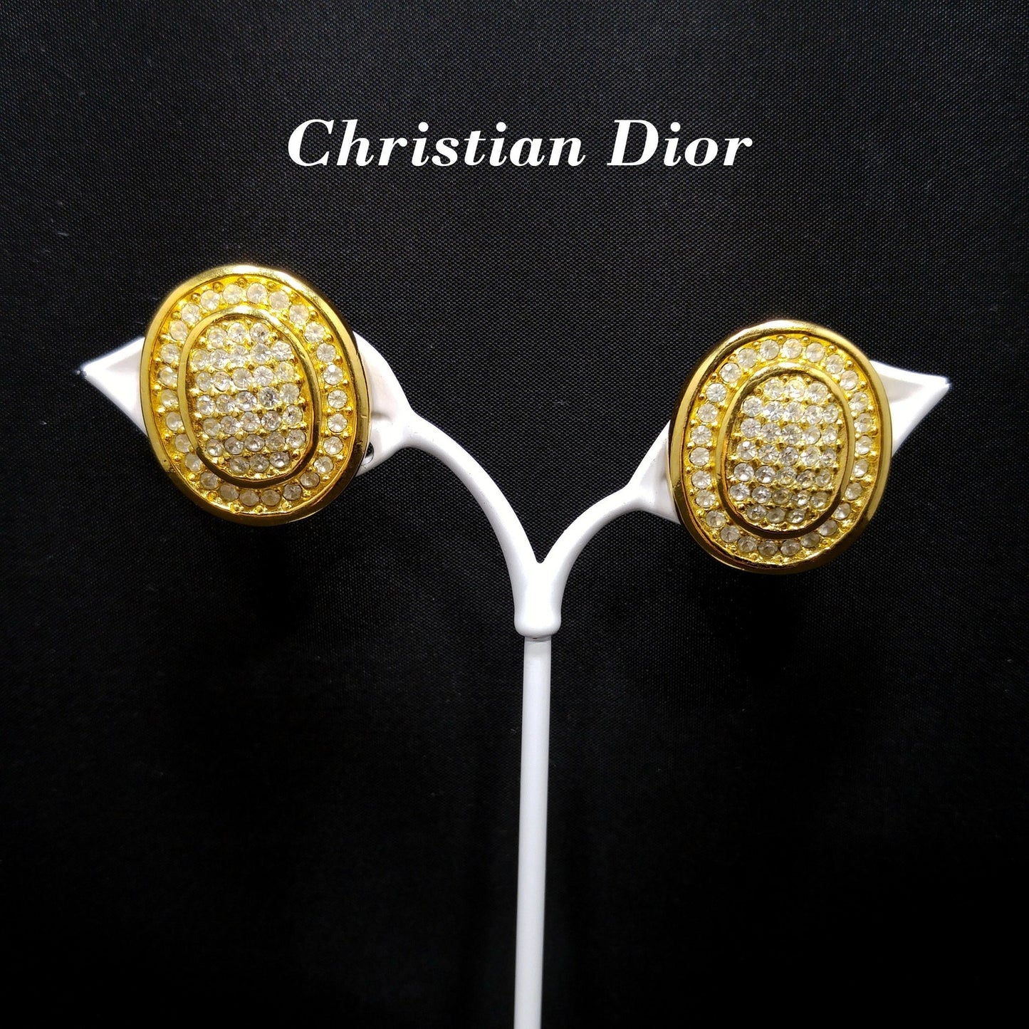 Vintage Christian Dior Pave Clear Rhinestone Clip Earrings, Gold Plated, 1980s
