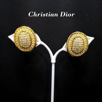 Vintage Christian Dior Pave Clear Rhinestone Clip Earrings, Gold Plated, 1980s