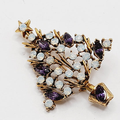 WEISS Opalescent & Purple Rhinestone Christmas Tree Brooch Vintage Holiday Pin