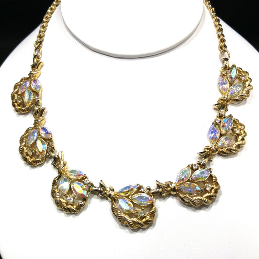 Aurora Borealis Gold Plated Choker Necklace, Floral Design, 1960s Vintage Jewelry