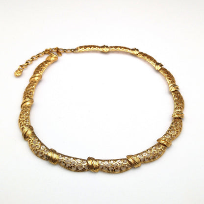 Monet Lacy Link Choker Necklace, Gold Plated, 1960s Vintage Jewelry