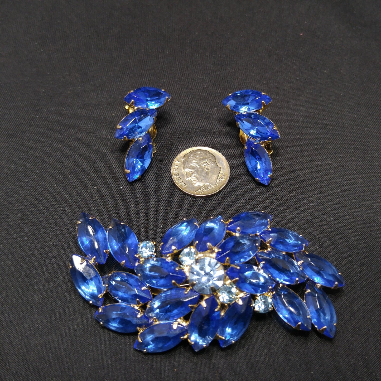 Vintage Royal Light Blue Rhinestone Brooch Earring Set, Gold Plated, 1960s Vintage Jewelry