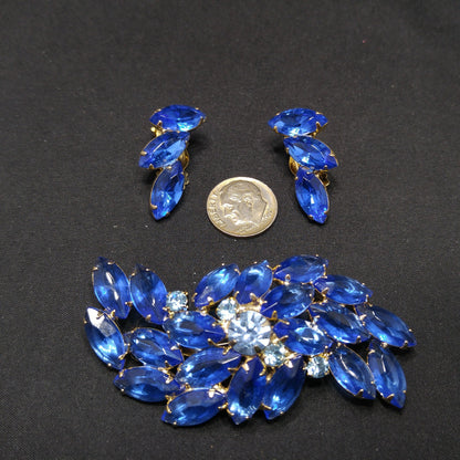 Vintage Royal Light Blue Rhinestone Brooch Earring Set, Gold Plated, 1960s Vintage Jewelry