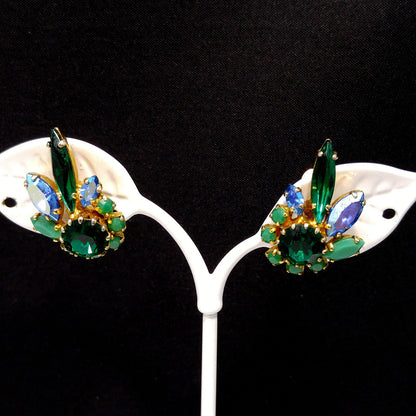 Sherman Green & Blue Rhinestone Earrings, Gold Plated, 1960s Vintage Jewelry