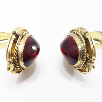 Vintage Whiting & Davis Co Red Gold Clip Earrings 1960s Gold Tone, Red Cabochon
