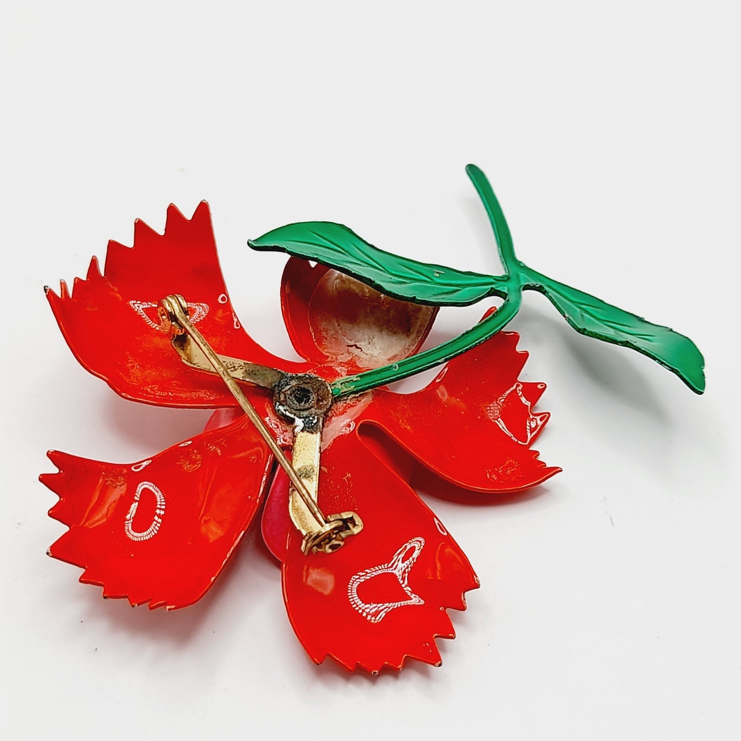 Vintage 1960s Red Green Enamel Flower Brooch