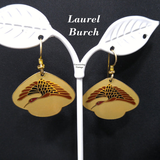 Vintage Laurel Burch Crane Bird Earrings, Gold Plated, Enamel Tan Dark Red Black