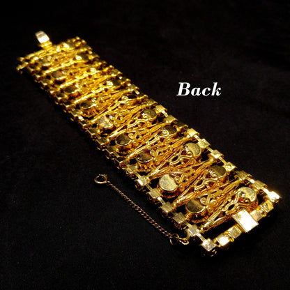 Vintage Clear Rhinestone Wide Filigree Bracelet Gold Tone Safety Chain 1950s