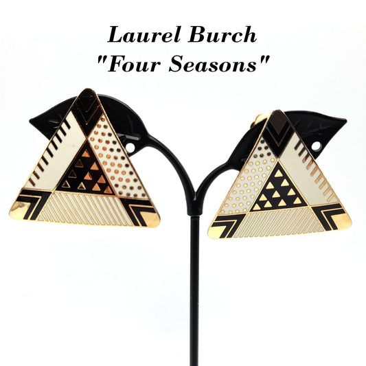 Laurel Burch Large Geometric Clip Earrings, Black White Enamel, Gold Plated, 1980s Vintage Jewelry