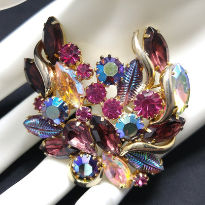 Designer Art Glass Rhinestone Brooch, Carnival Glass, Gold Plated, 1950s Vintage Jewelry