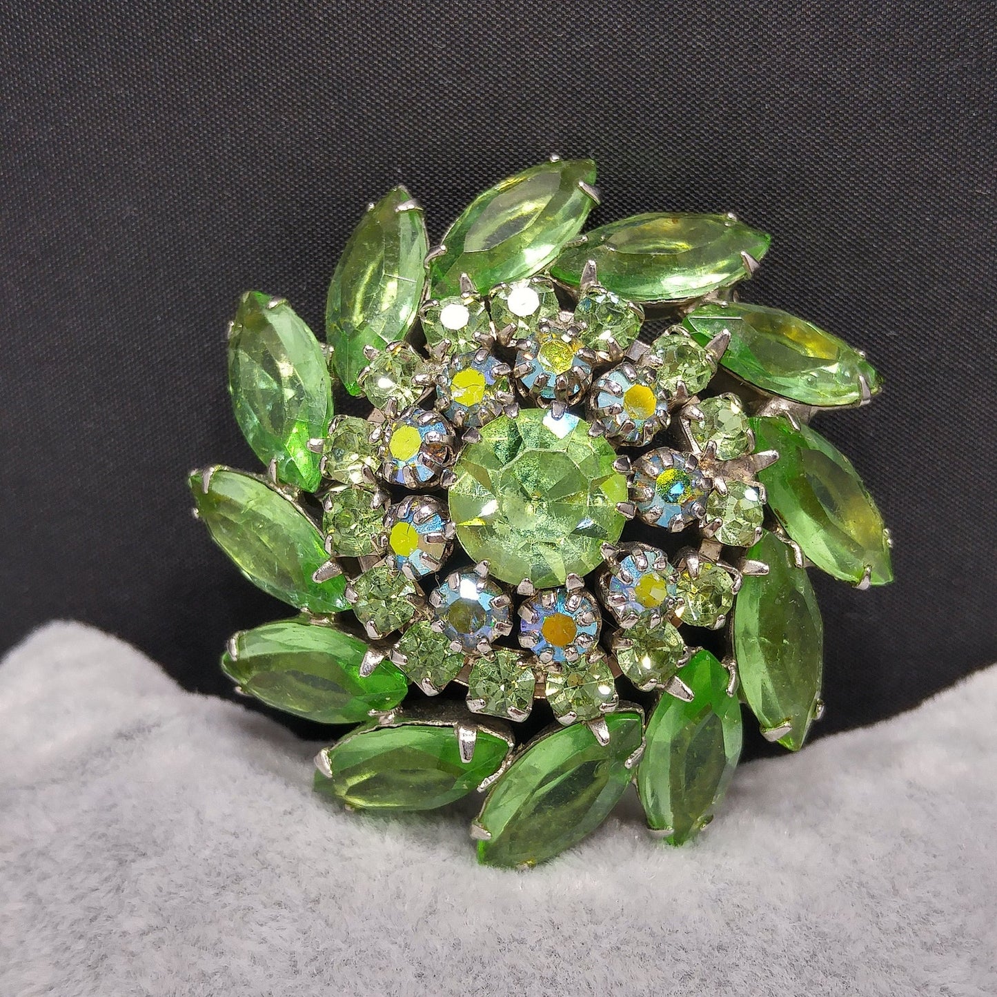 Vintage Peridot Green Rhinestone Domed Brooch, Aurora Borealis, 1960s