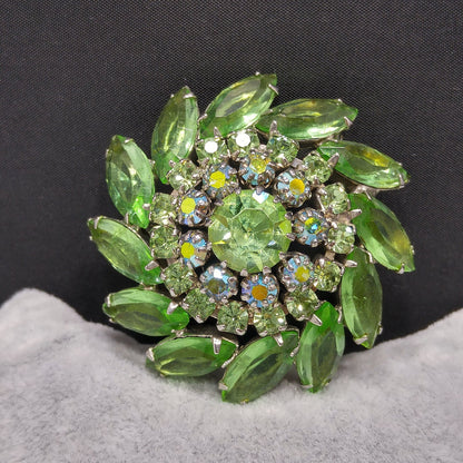 Vintage Peridot Green Rhinestone Domed Brooch, Aurora Borealis, 1960s
