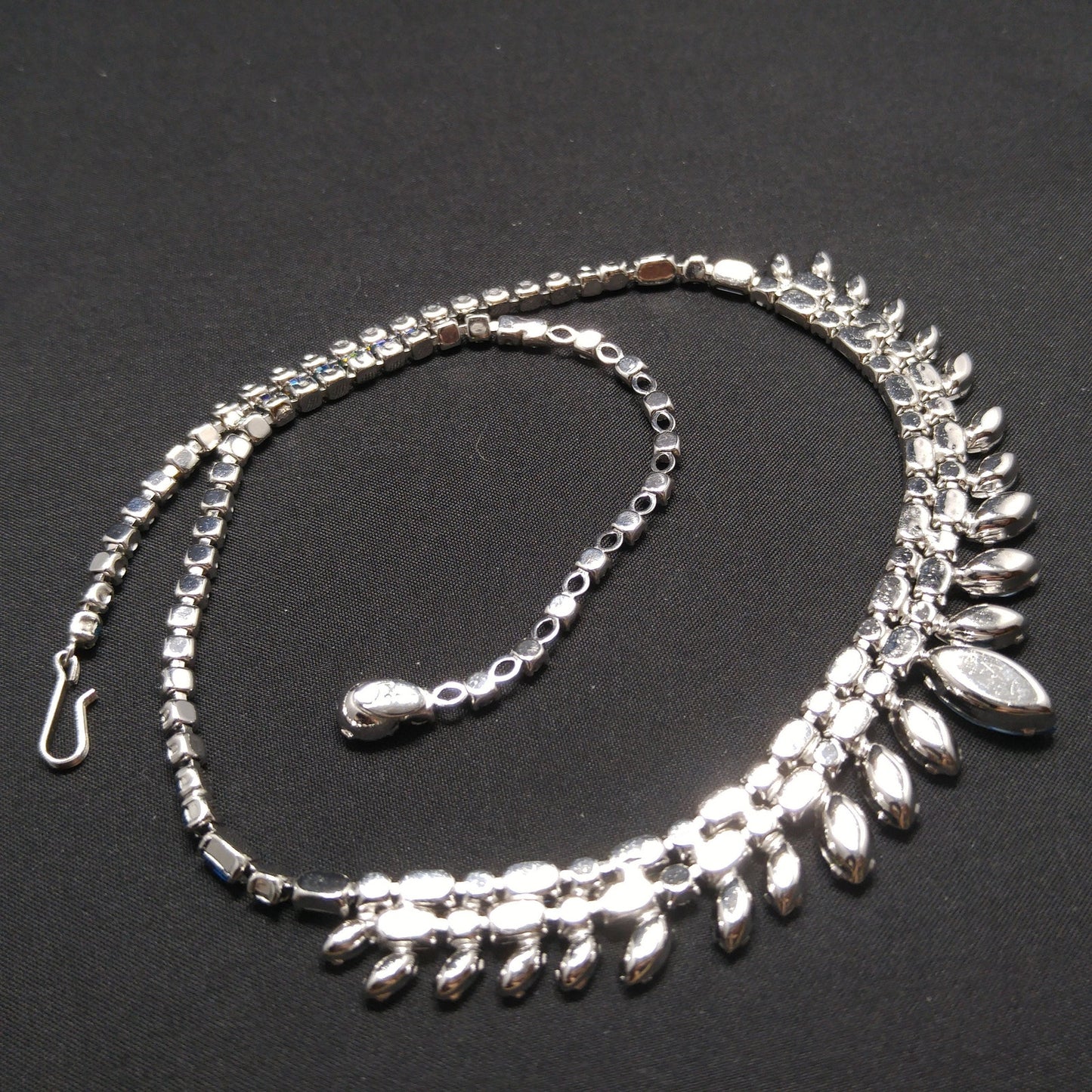 Sherman 1950s–60s Blue Aurora Borealis Rhinestone Necklace | Rhodium Plated Mid-Century Statement Collar