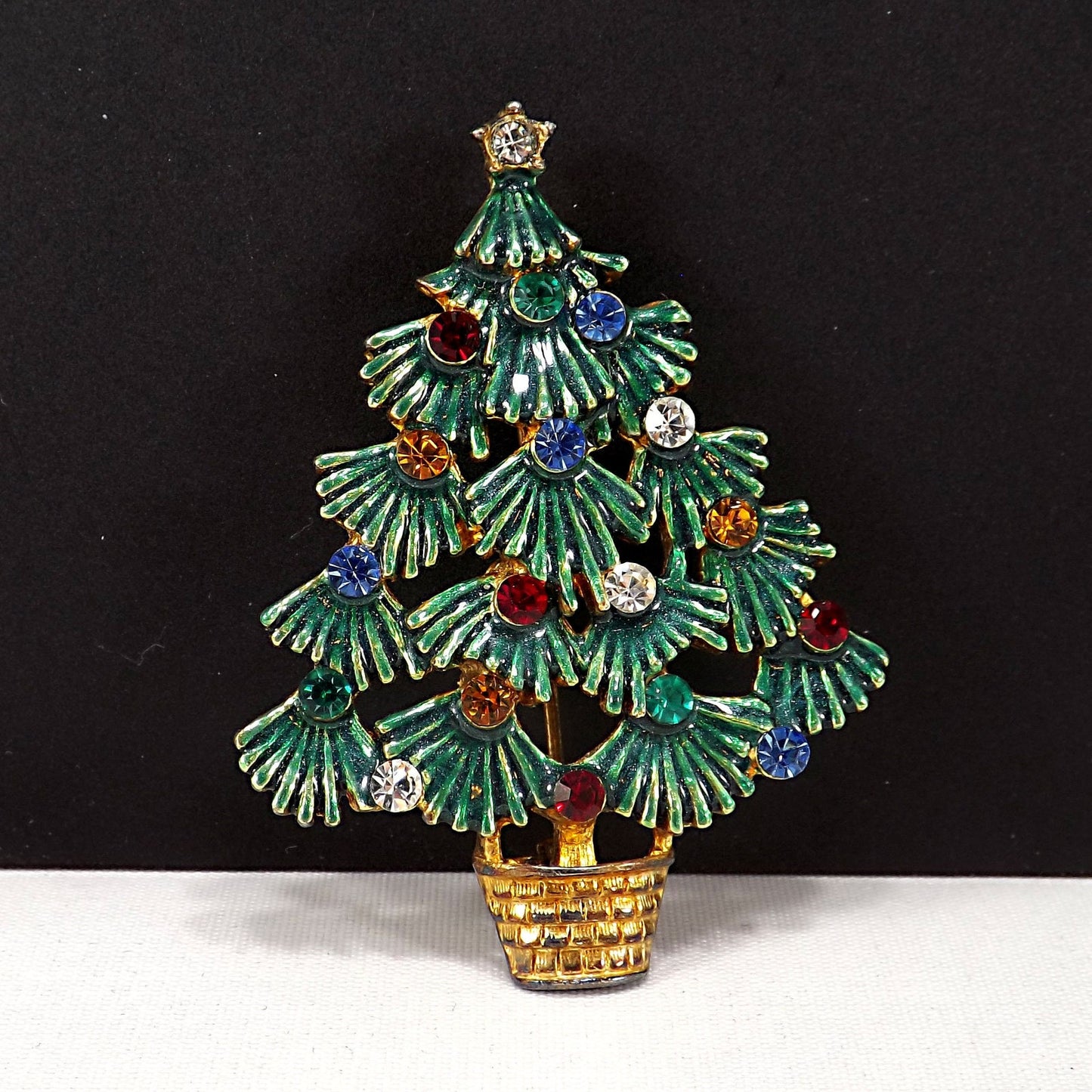 Eisenberg Ice Christmas Tree Brooch, Enamel Leaves, Rhinestones, 1970s Vintage