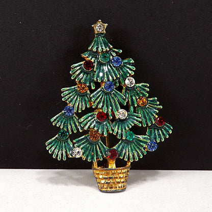 Eisenberg Ice Christmas Tree Brooch, Enamel Leaves, Rhinestones, 1970s Vintage