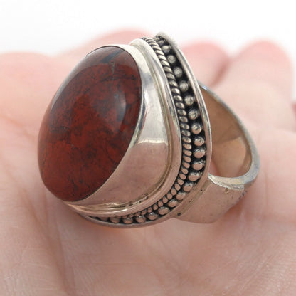 Meran Indonesia Sterling Silver Ring, Large Red Gemstone, Vintage Size 7, 925