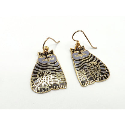 Laurel Burch Shambala Cat Earrings, Black Lavender Enamel, Gold Plated, 1980s Vintage Jewelry