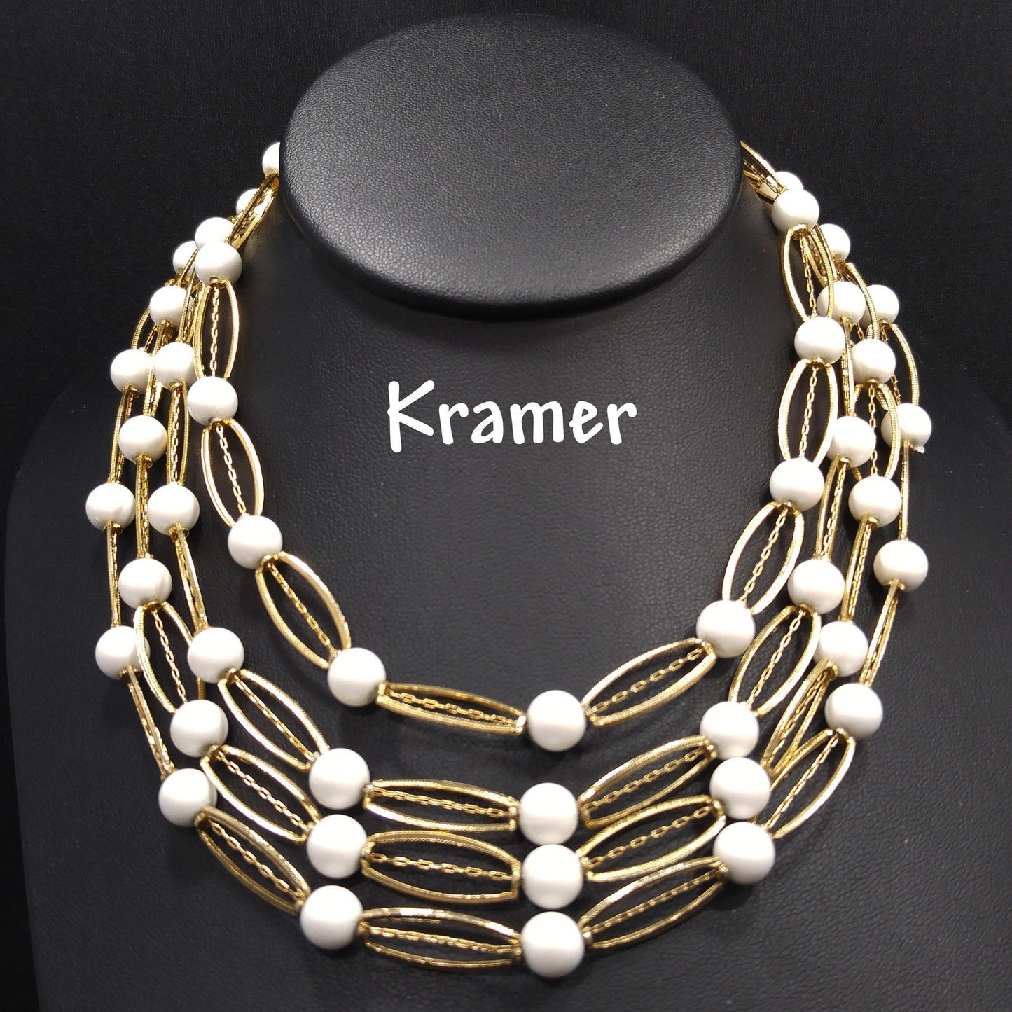 Kramer White Lucite 4 Strand Necklace, Gold tone, 1950s Vintage Jewelry