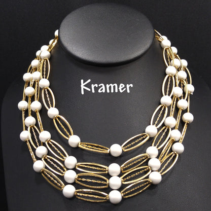 Kramer White Lucite 4 Strand Necklace, Gold tone, 1950s Vintage Jewelry