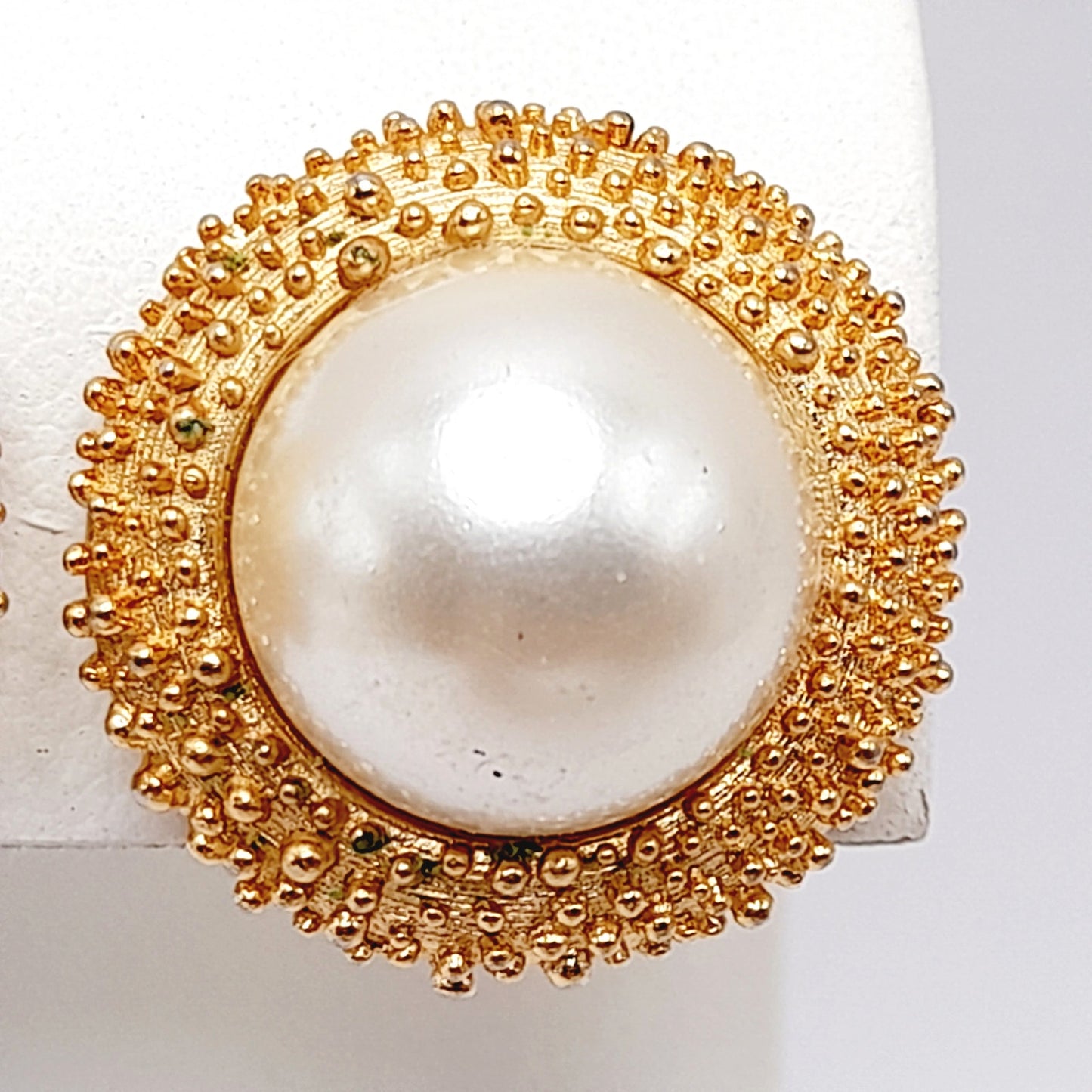 Vintage Crown Trifari Gold Clip Earrings, Brutalist Beaded Design w/ Faux Pearl