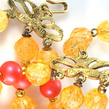 Deauville Lucite Beaded Necklace, 1950s Orange Red 3 Strand Vintage