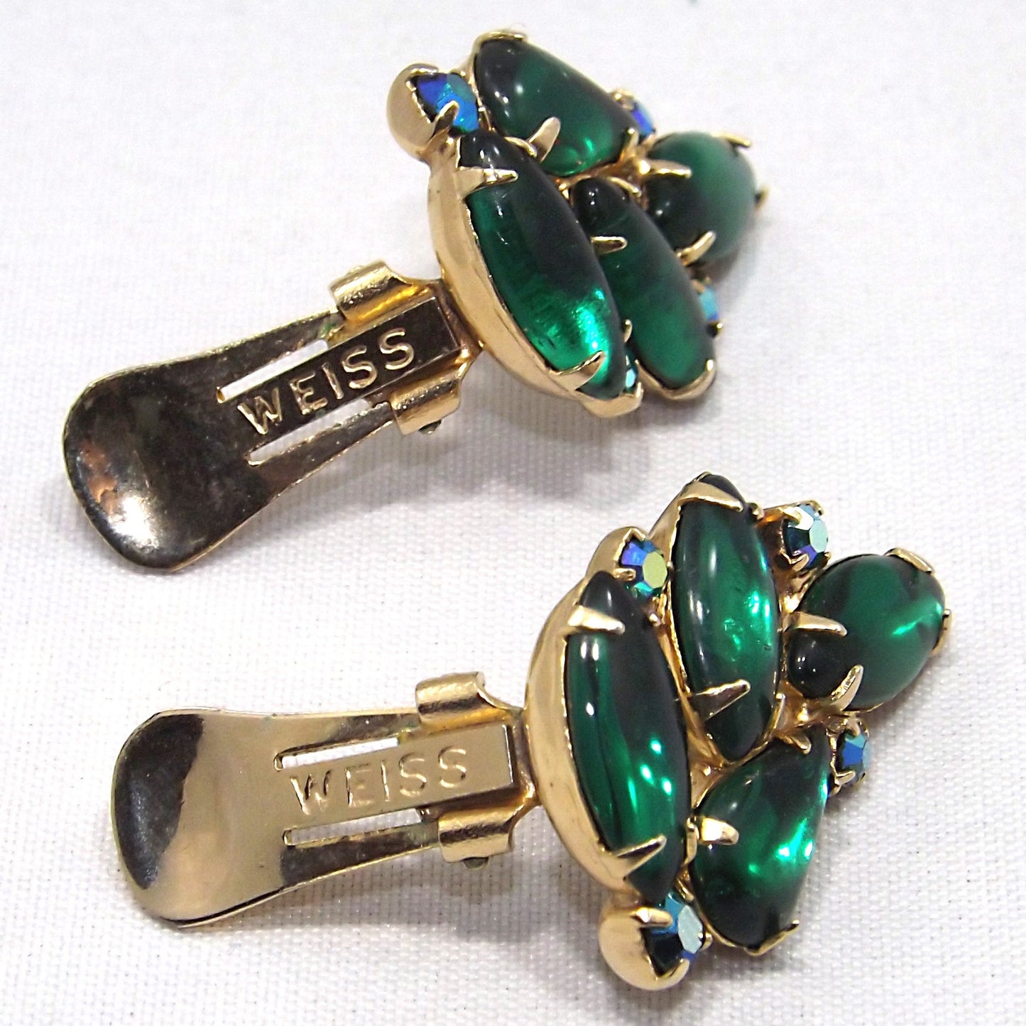 Vintage WEISS Green Clip Earrings, Gold Plated Green AB Rhinestones, 1960s