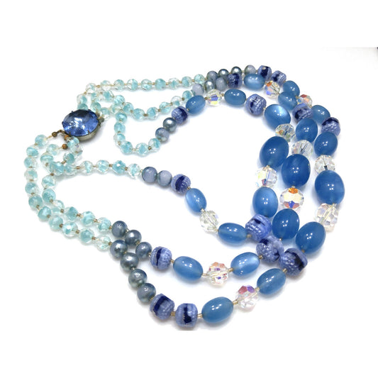 Blue Moonglow Crystal Art Glass Beaded Necklace, Three Strands, Crystal Clasp, 1950s Vintage Jewelry