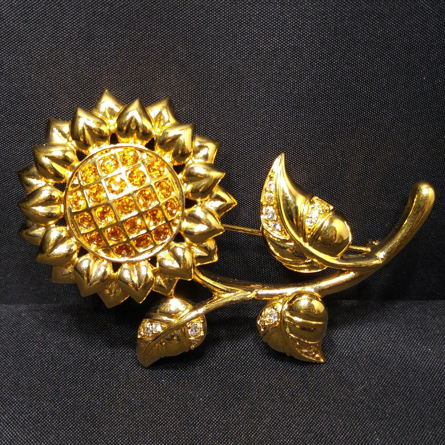 Savvy by Swarovski Sunflower Brooch, Gold Plated Crystal Flower Pin, 1990s Vintage Jewelry