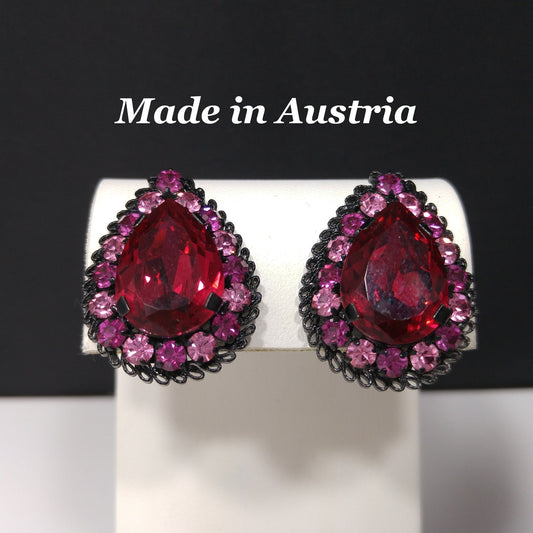 Made in Austria Red Pink Rhinestone Earrings, Japanned Black Metal, 1960s Vintage
