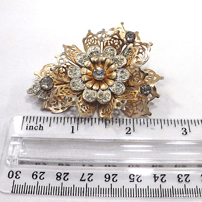 BARCLAY Fur Clip & Brooch, Gold Plated Filigree, Rhinestones, 1940s Vintage Jewelry