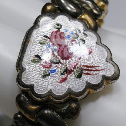 La Mode 1920s Guilloche Enamel Heart Locket Expansion Bracelet 12K GF Antique